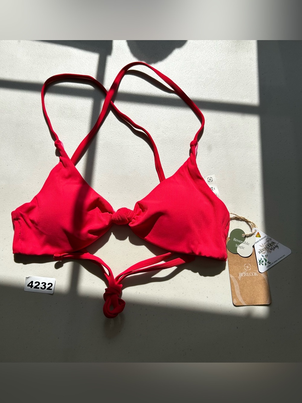BERLOOK Bikini Top XS Red Pink Reversible Ribbed Triangle Crossback Tie Back